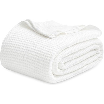 100% Cotton Blanket Queen Size for Bed - Waffle Weave Soft Blanket, Lightweight and Breathable Christmas Blanket Gifts for Women, White, 90x90 Inches