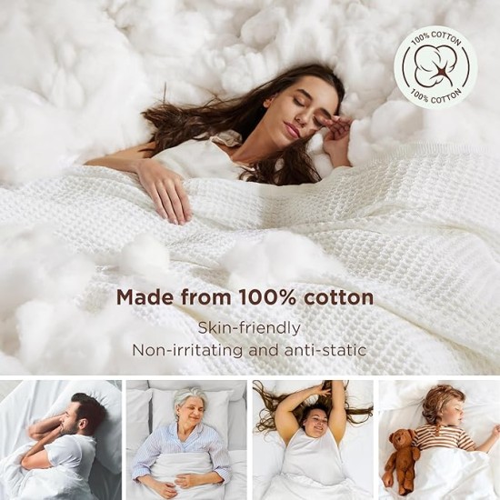 100% Cotton Blanket Queen Size for Bed - Waffle Weave Soft Blanket, Lightweight and Breathable Christmas Blanket Gifts for Women, White, 90x90 Inches