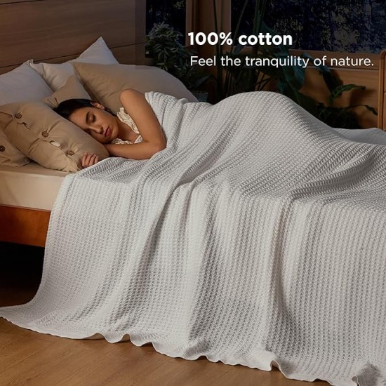 100% Cotton Blanket Queen Size for Bed - Waffle Weave Soft Blanket, Lightweight and Breathable Christmas Blanket Gifts for Women, White, 90x90 Inches