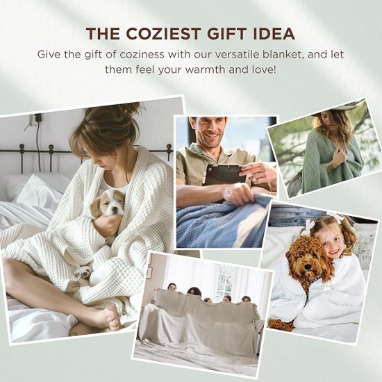 100% Cotton Blanket Queen Size for Bed - Waffle Weave Soft Blanket, Lightweight and Breathable Christmas Blanket Gifts for Women, White, 90x90 Inches