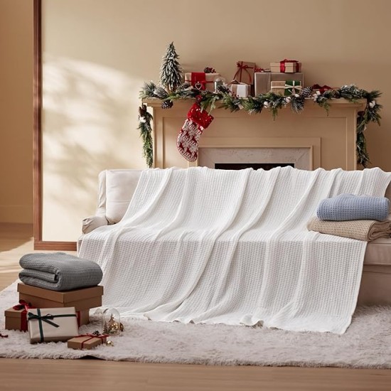 100% Cotton Blanket Queen Size for Bed - Waffle Weave Soft Blanket, Lightweight and Breathable Christmas Blanket Gifts for Women, White, 90x90 Inches