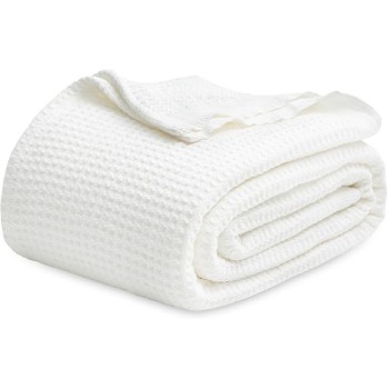 100% Cotton Blanket King Size for Bed - Waffle Weave Fall Blanket, Lightweight and Breathable Soft Woven Blanket for Summer, White, 104x90 inches