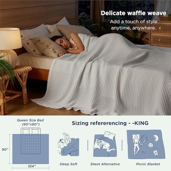 100% Cotton Blanket King Size for Bed - Waffle Weave Fall Blanket, Lightweight and Breathable Soft Woven Blanket for Summer, White, 104x90 inches