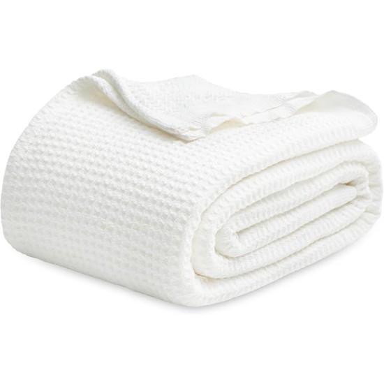 100% Cotton Blanket Twin XL Size for Bed - Waffle Weave Fall Blanket, Lightweight and Breathable Soft Woven Blanket for Summer, White, 66x90 inches