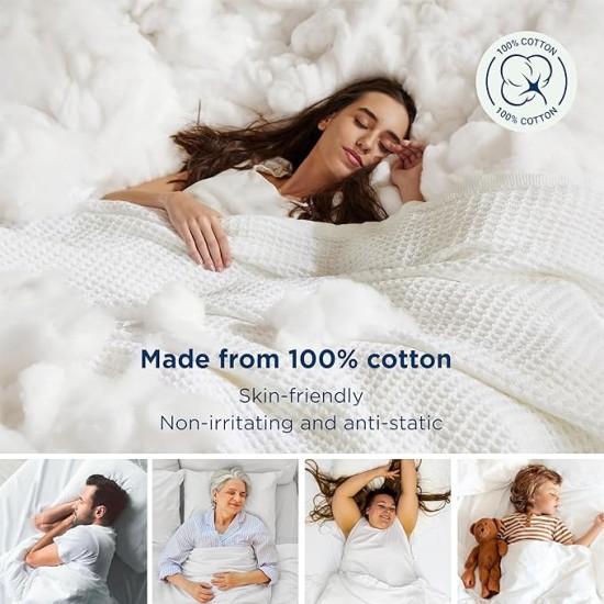100% Cotton Blanket Twin XL Size for Bed - Waffle Weave Fall Blanket, Lightweight and Breathable Soft Woven Blanket for Summer, White, 66x90 inches
