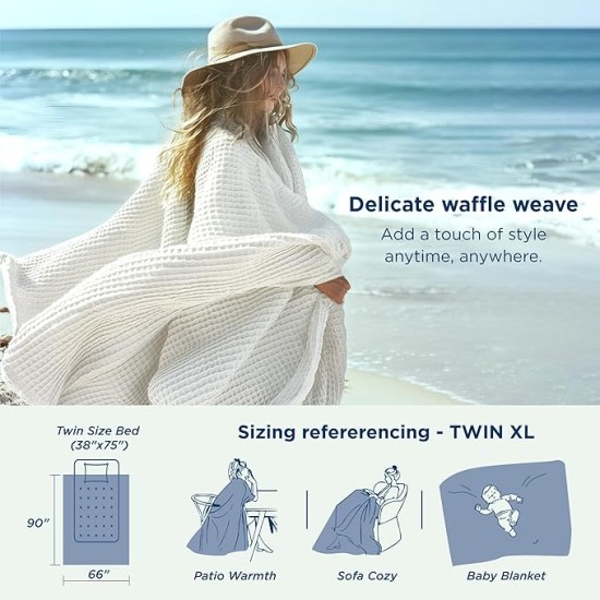 100% Cotton Blanket Twin XL Size for Bed - Waffle Weave Fall Blanket, Lightweight and Breathable Soft Woven Blanket for Summer, White, 66x90 inches