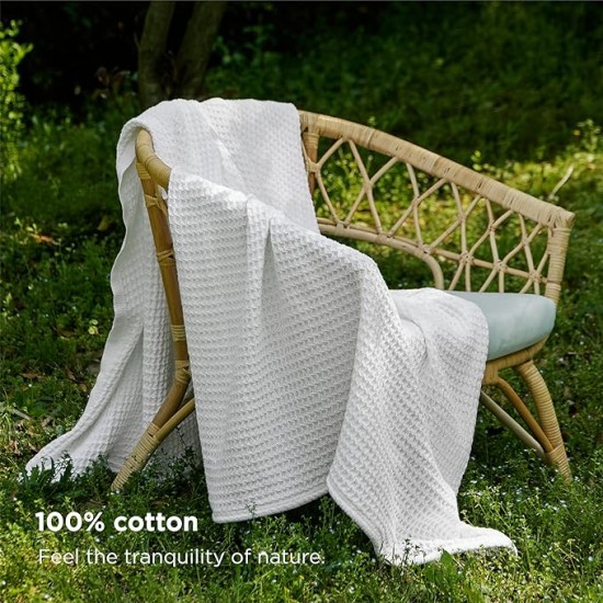 100% Cotton Blanket Twin XL Size for Bed - Waffle Weave Fall Blanket, Lightweight and Breathable Soft Woven Blanket for Summer, White, 66x90 inches