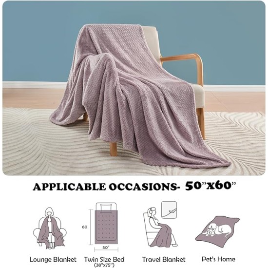 Super Soft Throw Blanket Light Purple Premium Silky Flannel Fleece Leaves Pattern Lightweight Bed Blanket All Season Use (Light Purple, Throw(50"x60"))