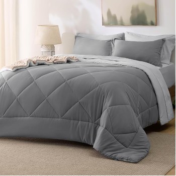 Queen Comforter Set - 7 Pieces Reversible Comforters Queen Size Bed Set, Bed in a Bag Gift for Christmas with Comforter, Sheets, Pillowcases & Shams, Grey Bedding Sets
