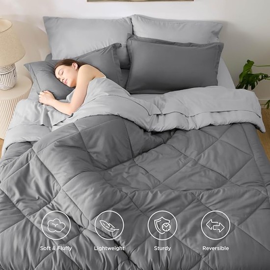 Queen Comforter Set - 7 Pieces Reversible Comforters Queen Size Bed Set, Bed in a Bag Gift for Christmas with Comforter, Sheets, Pillowcases & Shams, Grey Bedding Sets