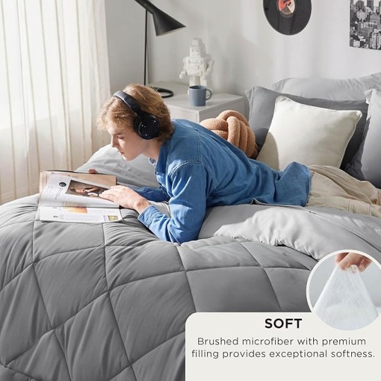 Queen Comforter Set - 7 Pieces Reversible Comforters Queen Size Bed Set, Bed in a Bag Gift for Christmas with Comforter, Sheets, Pillowcases & Shams, Grey Bedding Sets