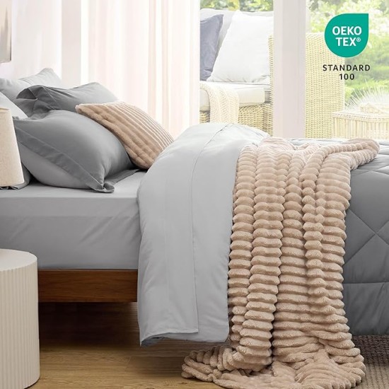 Queen Comforter Set - 7 Pieces Reversible Comforters Queen Size Bed Set, Bed in a Bag Gift for Christmas with Comforter, Sheets, Pillowcases & Shams, Grey Bedding Sets