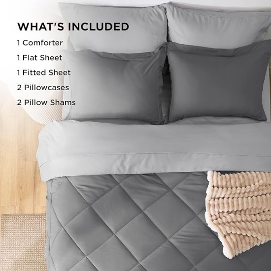 Queen Comforter Set - 7 Pieces Reversible Comforters Queen Size Bed Set, Bed in a Bag Gift for Christmas with Comforter, Sheets, Pillowcases & Shams, Grey Bedding Sets