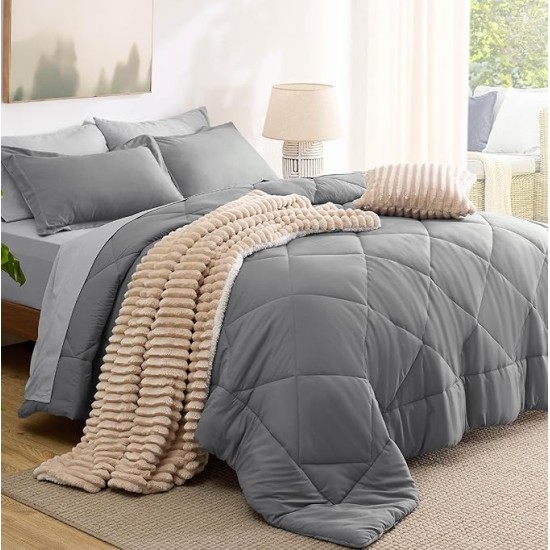 Queen Comforter Set - 7 Pieces Reversible Comforters Queen Size Bed Set, Bed in a Bag Gift for Christmas with Comforter, Sheets, Pillowcases & Shams, Grey Bedding Sets