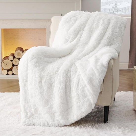 Soft White Throw Blanket for Couch, Fluffy White Blankets Fuzzy Fleece Blanket for Sofa Chair, Cozy Sherpa Faux Fur Blanket, White Decor Christmas Blanket White Gifts for Women, Girls, 50x60