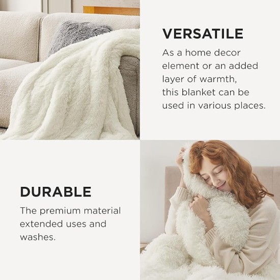 Soft Cream Throw Blanket for Couch, Fluffy Fuzzy Cream Blankets & Throws for Bed, Sofa, Cozy Sherpa Fleece Faux Fur Throw, Thick Warm Christmas Blanket Ivory Cream Gifts for Women, Men, 50x60