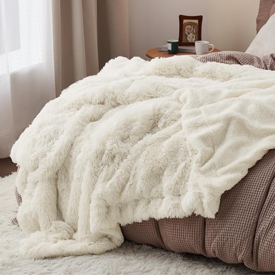 Soft Cream Throw Blanket for Couch, Fluffy Fuzzy Cream Blankets & Throws for Bed, Sofa, Cozy Sherpa Fleece Faux Fur Throw, Thick Warm Christmas Blanket Ivory Cream Gifts for Women, Men, 50x60