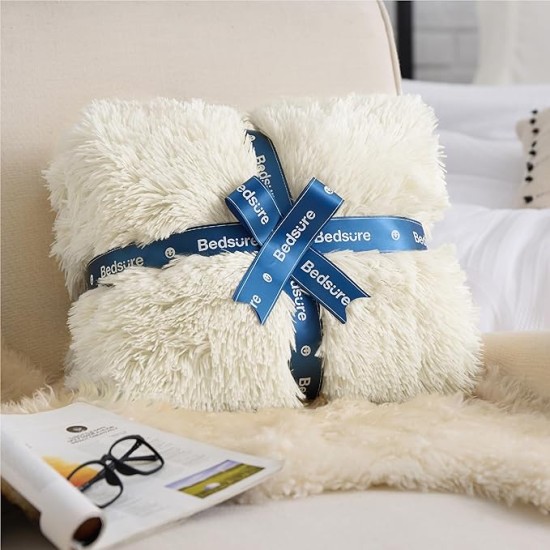 Soft Cream Throw Blanket for Couch, Fluffy Fuzzy Cream Blankets & Throws for Bed, Sofa, Cozy Sherpa Fleece Faux Fur Throw, Thick Warm Christmas Blanket Ivory Cream Gifts for Women, Men, 50x60