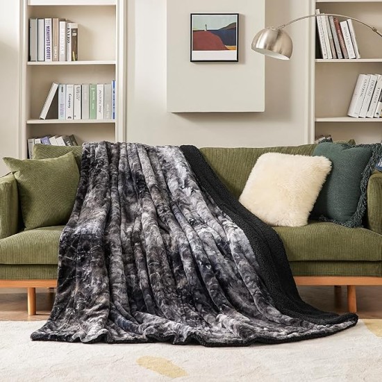 Fuzzy Blanket Queen Size - Black, Soft and Comfy Sherpa, Plush and Furry Faux Fur, Reversible Queen Blankets for Bed, 90x90 Inches