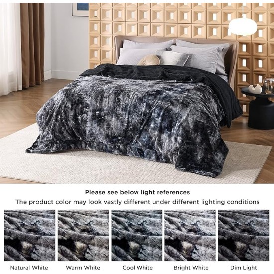 Fuzzy Blanket Queen Size - Black, Soft and Comfy Sherpa, Plush and Furry Faux Fur, Reversible Queen Blankets for Bed, 90x90 Inches