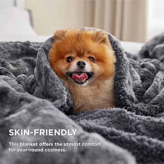 Fuzzy Blanket King Size - Grey, Soft and Warm Sherpa, Plush and Furry Faux Fur, Reversible King Blankets for Bed, 108x90 Inches