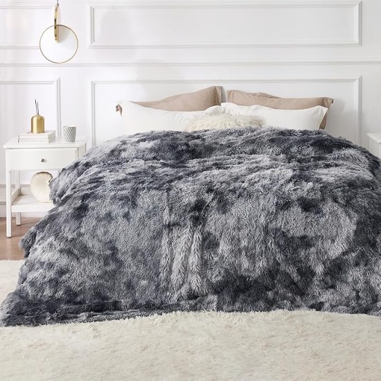 Soft Blankets Queen Size for Bed, Fluffy Fuzzy Blankets for Full Queen Bed, Cozy Plush Sherpa Fleece Faux Fur Blanket for Winter, Thick Warm Blanket Gifts for Women, Men, 90x90, Tie Dye Grey