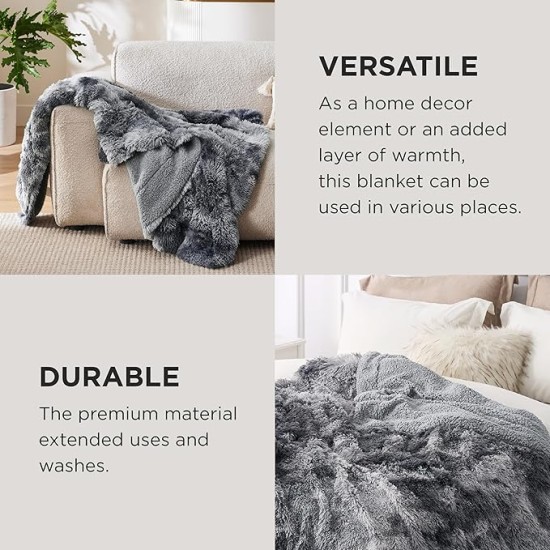 Soft Blankets Queen Size for Bed, Fluffy Fuzzy Blankets for Full Queen Bed, Cozy Plush Sherpa Fleece Faux Fur Blanket for Winter, Thick Warm Blanket Gifts for Women, Men, 90x90, Tie Dye Grey