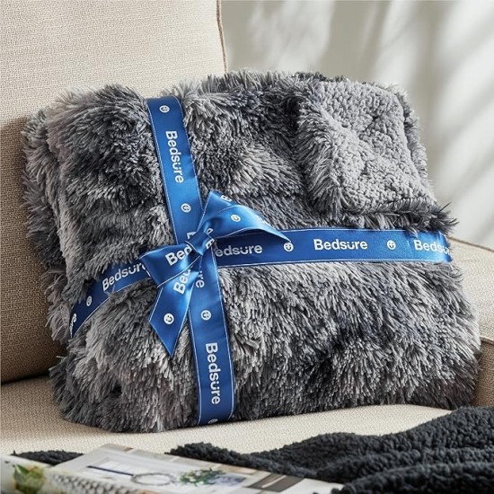 Soft Blankets Queen Size for Bed, Fluffy Fuzzy Blankets for Full Queen Bed, Cozy Plush Sherpa Fleece Faux Fur Blanket for Winter, Thick Warm Blanket Gifts for Women, Men, 90x90, Tie Dye Grey
