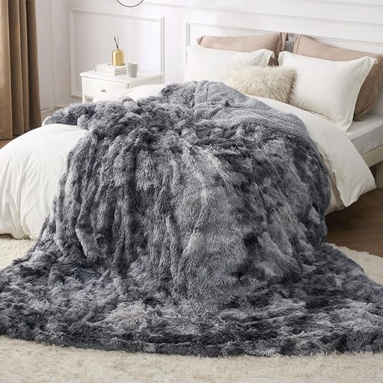 Soft Blankets Queen Size for Bed, Fluffy Fuzzy Blankets for Full Queen Bed, Cozy Plush Sherpa Fleece Faux Fur Blanket for Winter, Thick Warm Blanket Gifts for Women, Men, 90x90, Tie Dye Grey
