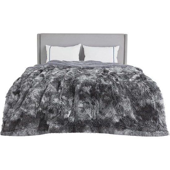 Soft Blankets Queen Size for Bed, Fluffy Fuzzy Blankets for Full Queen Bed, Cozy Plush Sherpa Fleece Faux Fur Blanket for Winter, Thick Warm Blanket Gifts for Women, Men, 90x90, Tie Dye Grey