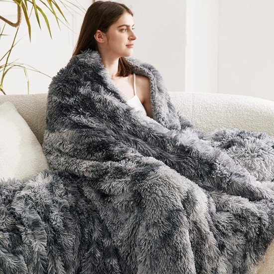 Soft Blankets Queen Size for Bed, Fluffy Fuzzy Blankets for Full Queen Bed, Cozy Plush Sherpa Fleece Faux Fur Blanket for Winter, Thick Warm Blanket Gifts for Women, Men, 90x90, Tie Dye Grey