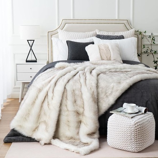 Luxury Ivory White Faux Fur Throw Blanket for Bed, Extra Large Super Soft Fluffy Cozy Fall Thick Warm Fox Fur Throw Blankets for Couch, Bed Reversible to Plush Velvet (60"x80")
