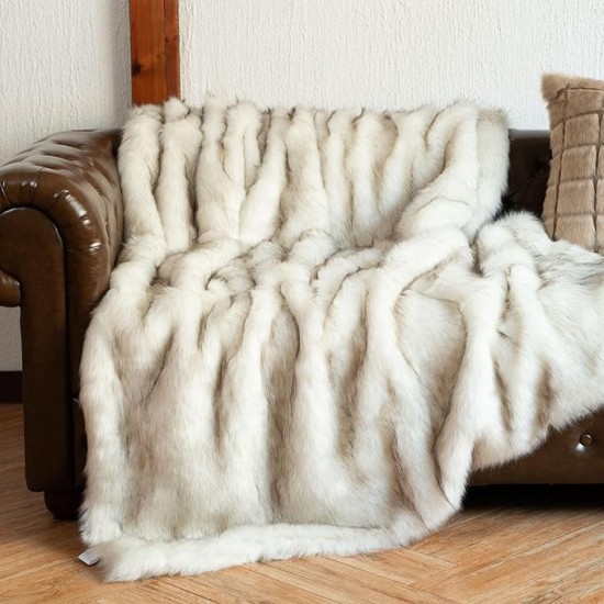 Luxury Ivory White Faux Fur Throw Blanket for Bed, Extra Large Super Soft Fluffy Cozy Fall Thick Warm Fox Fur Throw Blankets for Couch, Bed Reversible to Plush Velvet (60"x80")