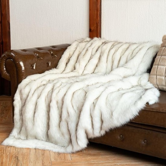 Luxury Ivory White Faux Fur Throw Blanket for Bed, Extra Large Super Soft Fluffy Cozy Fall Thick Warm Fox Fur Throw Blankets for Couch, Bed Reversible to Plush Velvet (60"x80")