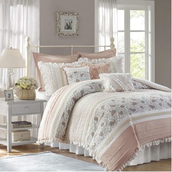 Dawn 100% Cotton Shabby Chic Comforter Set-Modern Cottage Design All Season Down Alternative Bedding, Matching Shams, Bedskirt, Decorative Pillows, Queen(90"x90"), Blush 9 Piece