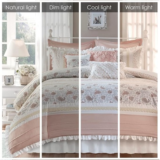 Dawn 100% Cotton Shabby Chic Comforter Set-Modern Cottage Design All Season Down Alternative Bedding, Matching Shams, Bedskirt, Decorative Pillows, Queen(90"x90"), Blush 9 Piece