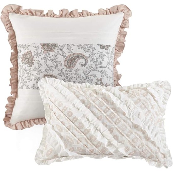 Dawn 100% Cotton Shabby Chic Comforter Set-Modern Cottage Design All Season Down Alternative Bedding, Matching Shams, Bedskirt, Decorative Pillows, Queen(90"x90"), Blush 9 Piece
