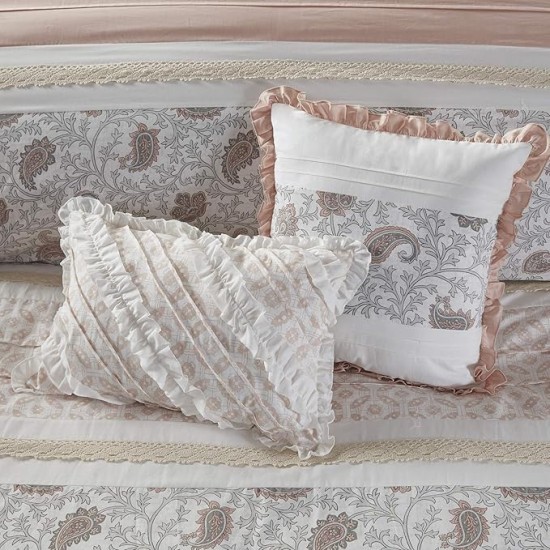 Dawn 100% Cotton Shabby Chic Comforter Set-Modern Cottage Design All Season Down Alternative Bedding, Matching Shams, Bedskirt, Decorative Pillows, Queen(90"x90"), Blush 9 Piece