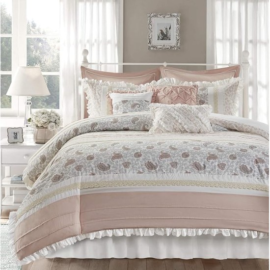 Dawn 100% Cotton Shabby Chic Comforter Set-Modern Cottage Design All Season Down Alternative Bedding, Matching Shams, Bedskirt, Decorative Pillows, Queen(90"x90"), Blush 9 Piece