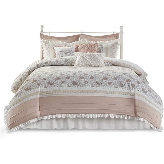 Dawn 100% Cotton Shabby Chic Comforter Set-Modern Cottage Design All Season Down Alternative Bedding, Matching Shams, Bedskirt, Decorative Pillows, Queen(90"x90"), Blush 9 Piece