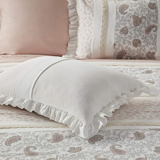 Dawn 100% Cotton Shabby Chic Comforter Set-Modern Cottage Design All Season Down Alternative Bedding, Matching Shams, Bedskirt, Decorative Pillows, Queen(90"x90"), Blush 9 Piece