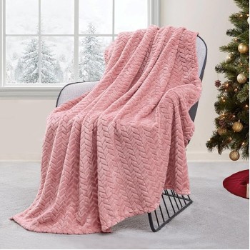 Pink Fleece Throw Blanket for Couch and Bed, 50x70 Inches Soft Cozy 3D Decorative Jacquard Flannel Blankets, Lightweight Fuzzy Plush Warm Throws for All Seasons