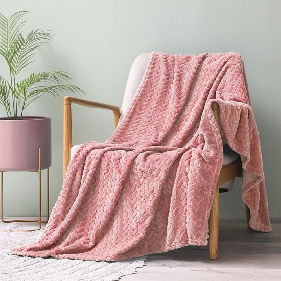 Pink Fleece Throw Blanket for Couch and Bed, 50x70 Inches Soft Cozy 3D Decorative Jacquard Flannel Blankets, Lightweight Fuzzy Plush Warm Throws for All Seasons