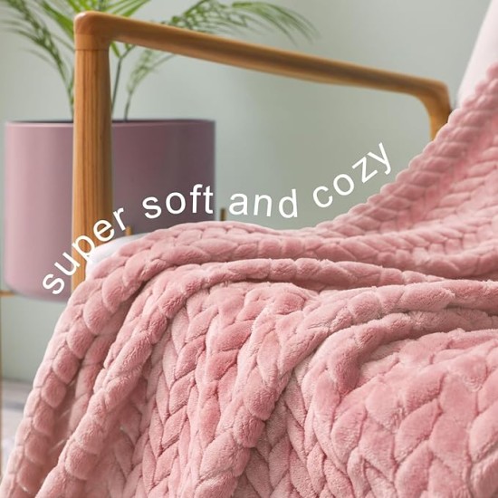 Pink Fleece Throw Blanket for Couch and Bed, 50x70 Inches Soft Cozy 3D Decorative Jacquard Flannel Blankets, Lightweight Fuzzy Plush Warm Throws for All Seasons
