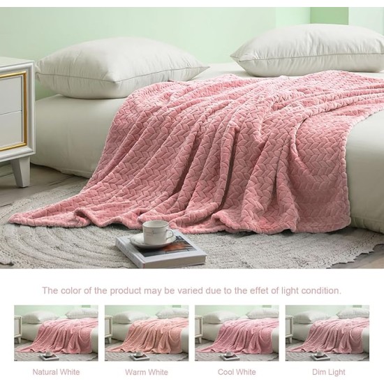 Pink Fleece Throw Blanket for Couch and Bed, 50x70 Inches Soft Cozy 3D Decorative Jacquard Flannel Blankets, Lightweight Fuzzy Plush Warm Throws for All Seasons
