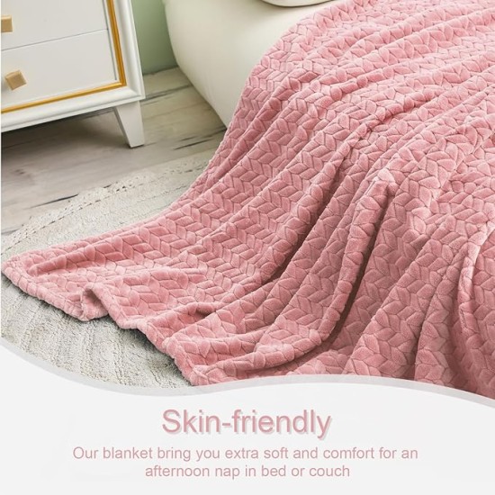 Pink Fleece Throw Blanket for Couch and Bed, 50x70 Inches Soft Cozy 3D Decorative Jacquard Flannel Blankets, Lightweight Fuzzy Plush Warm Throws for All Seasons