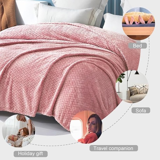 Pink Fleece Throw Blanket for Couch and Bed, 50x70 Inches Soft Cozy 3D Decorative Jacquard Flannel Blankets, Lightweight Fuzzy Plush Warm Throws for All Seasons