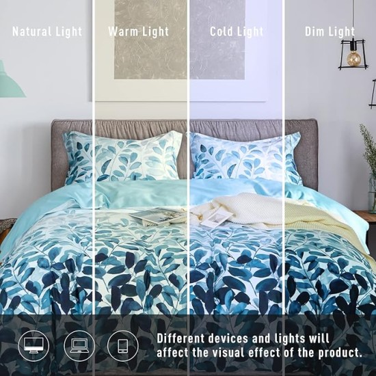 100% Long Staple Cotton Duvet Cover Set Gradient Blue Leaves Printed Comforter Cover Set Farmhouse Plant Comforter Cover Set