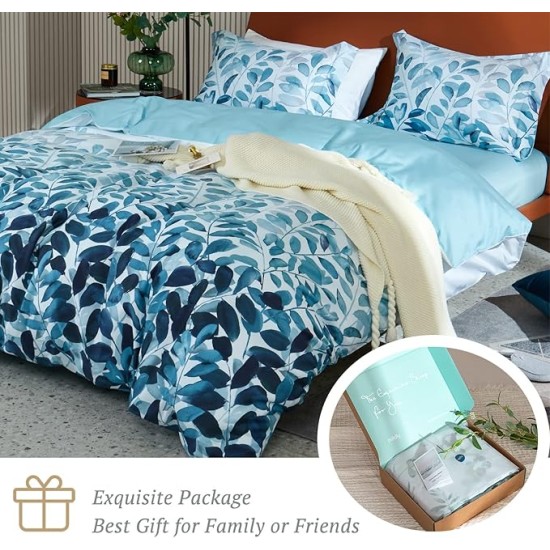 100% Long Staple Cotton Duvet Cover Set Gradient Blue Leaves Printed Comforter Cover Set Farmhouse Plant Comforter Cover Set