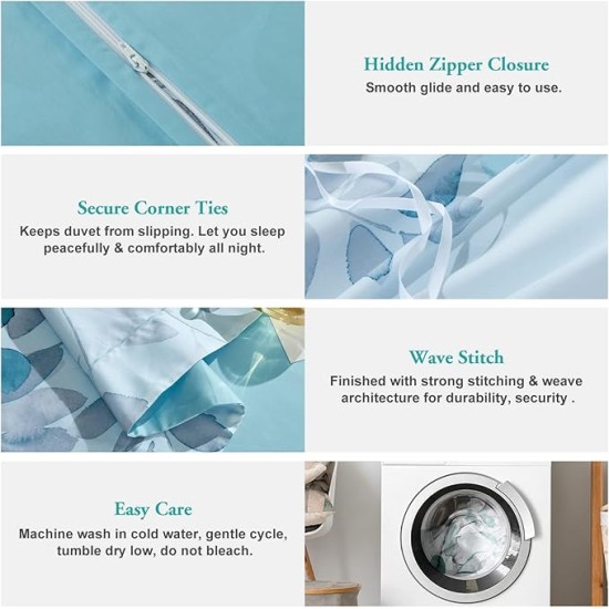 100% Long Staple Cotton Duvet Cover Set Gradient Blue Leaves Printed Comforter Cover Set Farmhouse Plant Comforter Cover Set